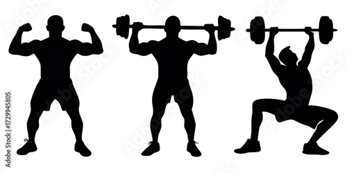 Vector Silhouette Set of Athletes Lifting Barbell Doing Pushups and Stretching Arms
