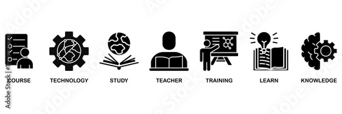 Online education icon set vector illustration concept for course, technology, study, teacher, training, learn and knowledge