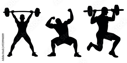Vector Silhouette Set of Athletes Lifting Barbell Doing Pushups and Stretching Arms