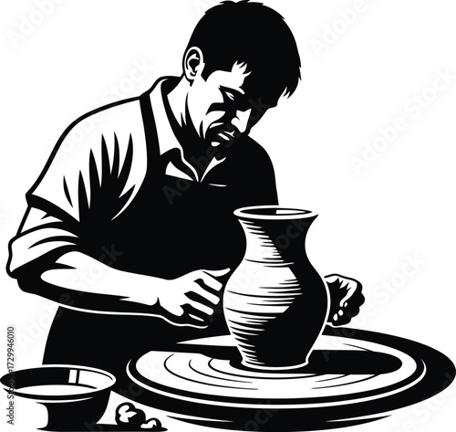Dedicated male potter or ceramic artist shaping a clay vase on a spinning wheel, representing creativity, traditional craft, and focused work. black and white vector icon illustration.
