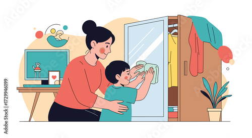 Mother teaching her child how to fold clothes in a closet.