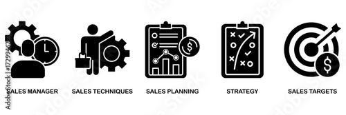 Sales management icon set vector illustration concept for manager, sales techniques, planning, strategy, and targets