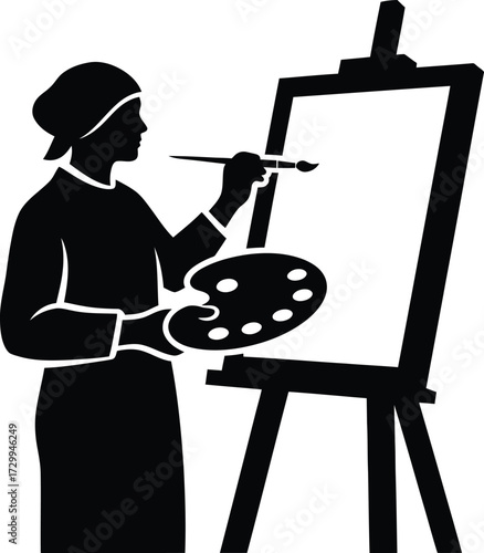 Silhouette of a female painter or artist with a palette and brush, working on a canvas supported by an easel, representing fine art and creativity. black and white vector icon illustration.