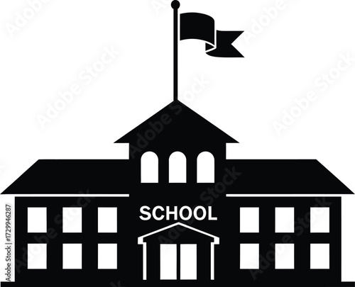 Traditional school building icon with a flag on the roof, representing education, learning, campus life, and primary or secondary academic institutions. black and white vector illustration.