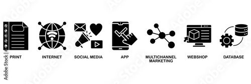 Cross-media icon set vector illustration concept for print, internet, social media, app, multichannel marketing, webshop and database