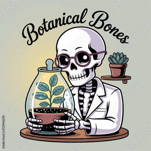 Skeleton scientist holding terrarium, botanical specimen jar, lab coat character, quirky skull mascot, vintage tattoo style vector