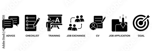 Career icon set vector illustration concept for advice, checklist, training, job exchange, cv, job application and goal