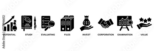 Due diligence icon set vector illustration concept for potential, study, evaluating, files, invest, corporation, examination and value
