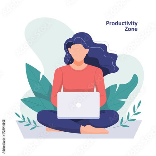 Woman working remotely in a tranquil productivity zone focused on laptop surrounded by lush greenery illustration