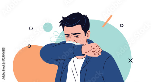 Man coughing into his elbow to prevent spreading germs and illness.