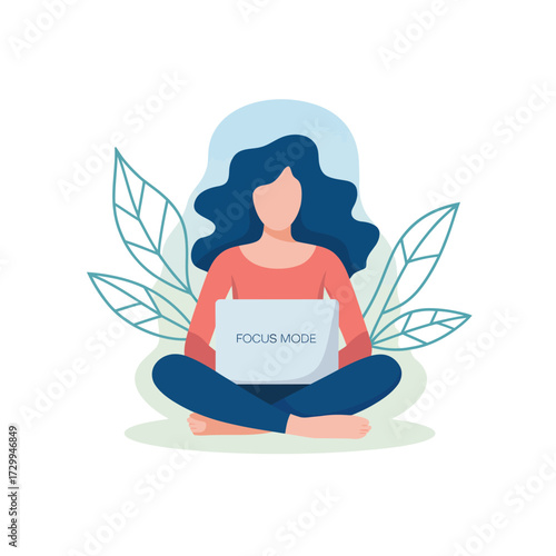 Flat design woman sitting cross-legged holding laptop computer working remotely or studying online education concept illustration