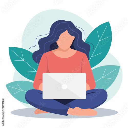 Young woman sitting cross-legged using laptop computer amongst lush green leaves and abstract shapes illustration