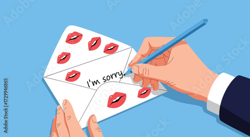 A person is writing an apology note with kisses on the envelope.