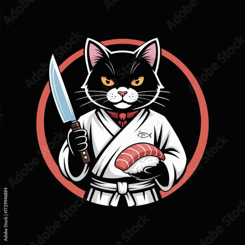 Black cat sushi chef, sharp knife and nigiri, martial arts vibe, red circle backdrop, Japanese food mascot vector