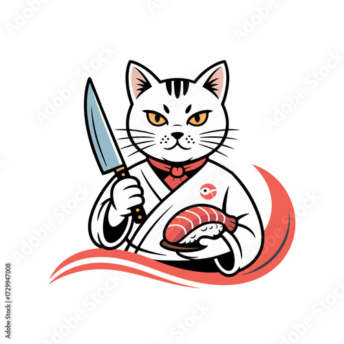 White cat sushi master, cute feline holding knife and sashimi, playful culinary illustration, minimal background, restaurant mascot vector