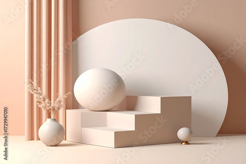 Ultra-modern minimalist premium 3D background featuring geometric shapes—steps, a sphere, and a circle—in a soft beige and blush palette for product display.