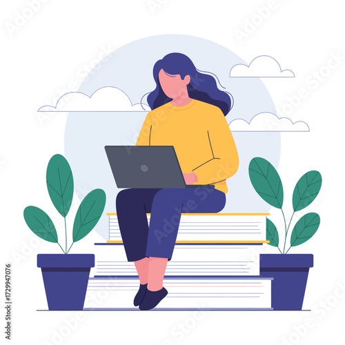 Person sitting outdoors working on laptop surrounded by potted plants and books concept of remote work and education illustration