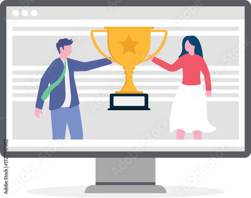 Winners team and celebrating victory. Man and woman holding golden winner's cup or prize together.
