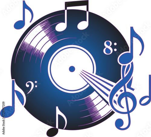 Retro vinyl record with a stylus surrounded by various musical notes, a treble clef, and a bass clef, symbolizing music, dj, and audio entertainment. vector illustration.