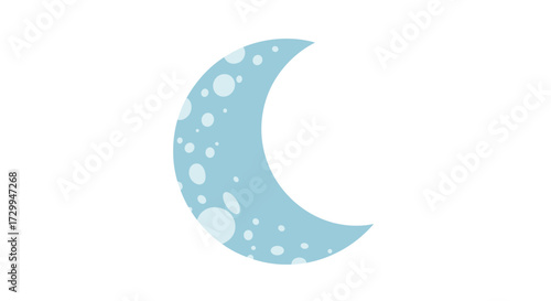 A soft light blue crescent moon with white polka dots on a white background.