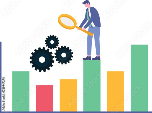 Flat online business analysis strategy concept. Data analytics for company marketing solutions or financial performance.
