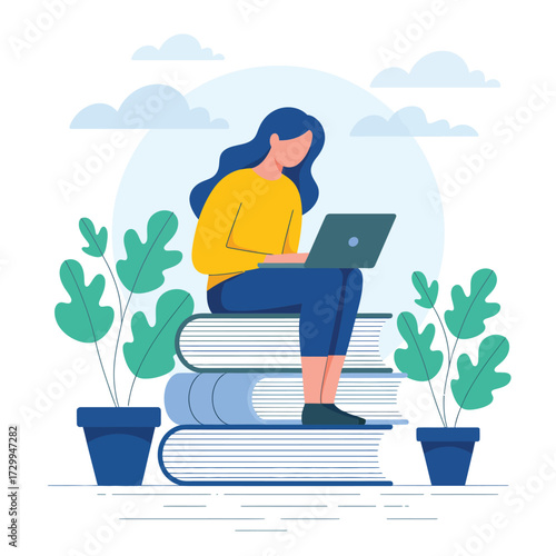 Young woman sitting on stack of books typing on laptop surrounded by plants and clouds symbolizing education and digital learning illustration