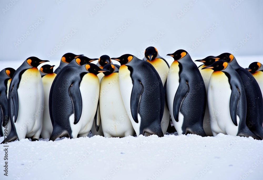 Obraz premium A Large Group of Emperor Penguins Huddled Together on Snowy Antarctic Landscape for Warmth in Harsh Icy Climate Conditions