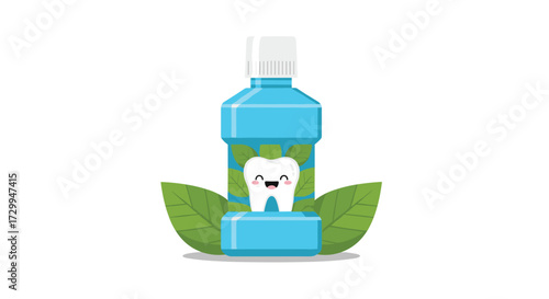 Bright smiling tooth with mouthwash bottle and green leaves for oral hygiene.