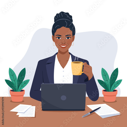 Happy woman working remotely on laptop holding coffee cup at desk with plants and documents illustration