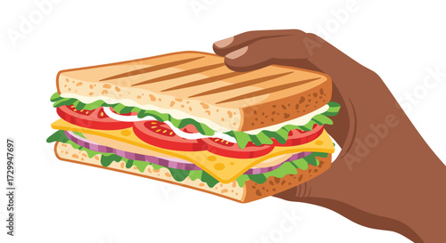 A person's hand holds a delicious grilled sandwich overflowing with fresh ingredients.