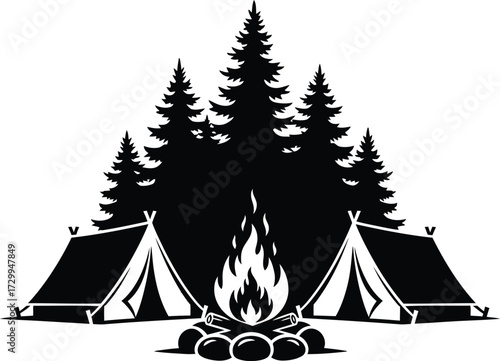 Wilderness camping scene with two tents, a roaring bonfire, and silhouetted evergreen pine trees. black and white outdoor nature adventure vector icon.