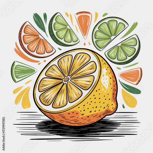 Cut Lemon with Lime and Orange Wedges | Vibrant Citrus Fruit Illustration | Fresh Citrus Composition with Leaves