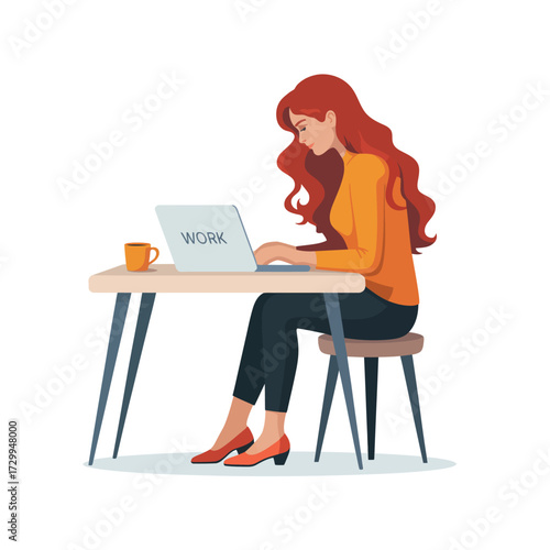 Young woman typing on laptop at desk with coffee cup focused on work or study session online illustration