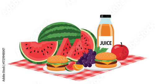 A delicious summer picnic featuring juicy watermelon burgers grapes and refreshing juice on a checkered blanket.