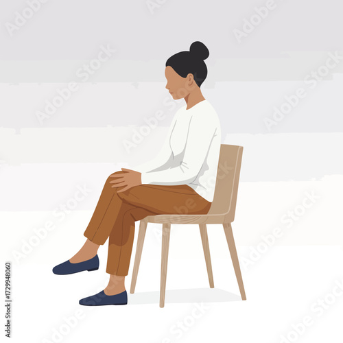 Modern woman sitting calmly on a wooden chair in a minimalist style with simple flat design elements illustration