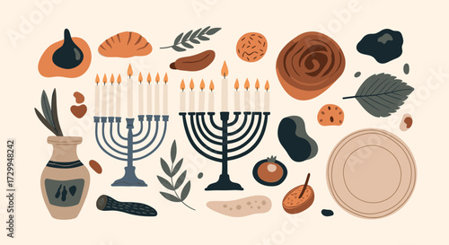 A whimsical collection of hanukkah symbols and abstract shapes.