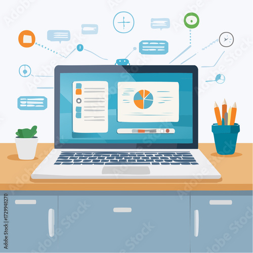 Modern Workspace Setup with Laptop, Potted Plant, and Office Supplies on a Desk