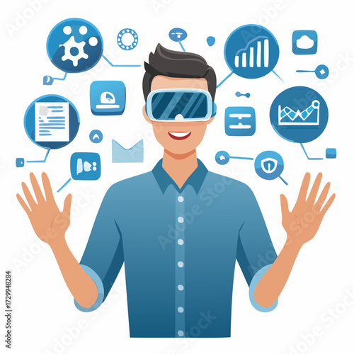 Man exploring virtual reality with immersive digital interface, engaging with future technology and data visualization in a simulated environment for enhanced user experience and digital interaction