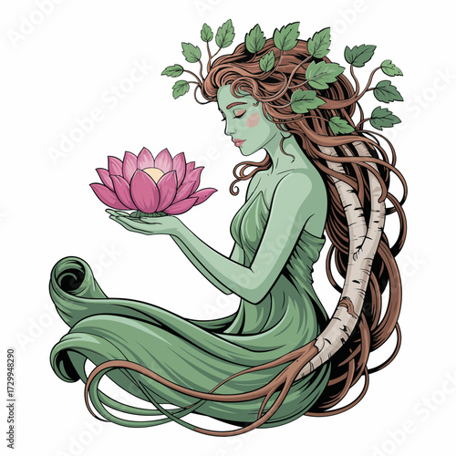 Nature spirit woman, leafy hair dryad holding lotus, calm meditation pose, botanical illustration, fantasy goddess aesthetic, elegant vector