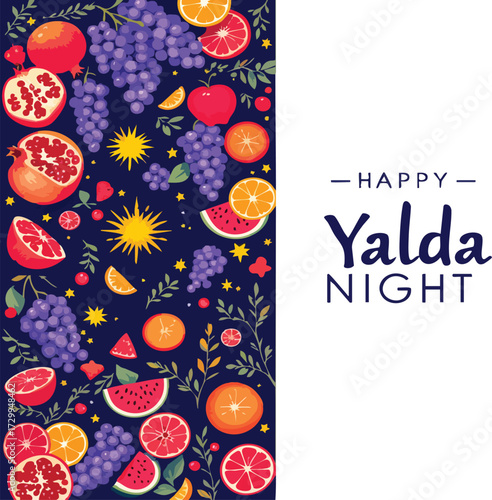 “Happy Yalda Night” black and white vector with colorful fruits, floral accents, and modern text layout for Iranian winter celebration