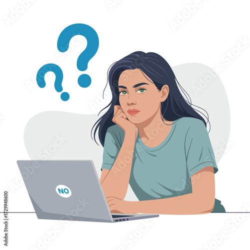 Confused woman with laptop frustrated question marks above head expressing uncertainty and doubt online illustration
