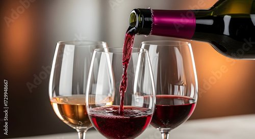 Elegant scene of red wine being poured from a bottle into three clear wine glasses on a warm blurred background perfect for wine tasting and celebration