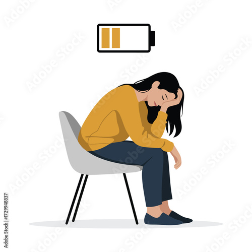 Woman feeling exhausted sitting down with low battery indicator symbol above her head representing fatigue illustration