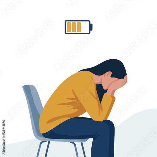 Woman exhausted sitting down low battery symbol depicting fatigue mental health stress overload concept illustration