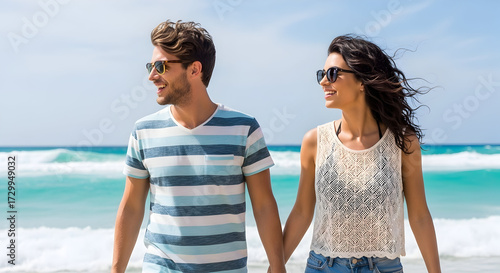 Young couple holding hands walking along the beach enjoying sunny day with clear blue sky and ocean waves in the background perfect for travel and leisure themes