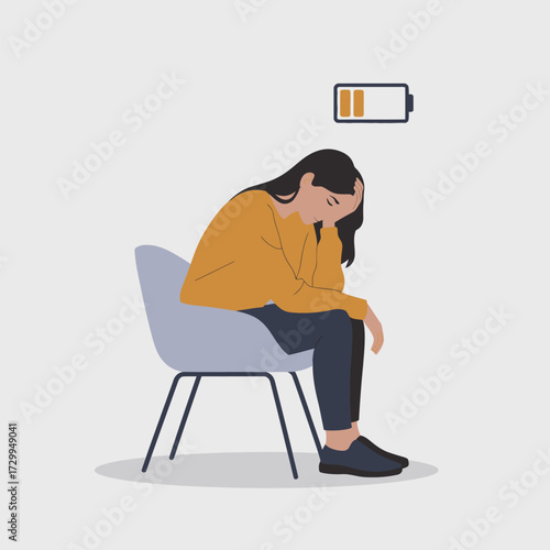 Depressed woman sitting chair low energy battery overhead showing exhaustion and mental health struggle concept illustration