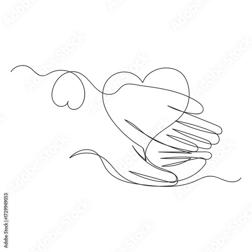 Minimalist black continuous line drawing of hands holding a heart shape