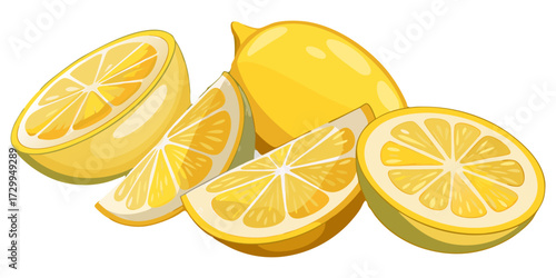 Lemon Collection: Whole, Sliced, Halved and Quartered Lemon on Transparent Background.
