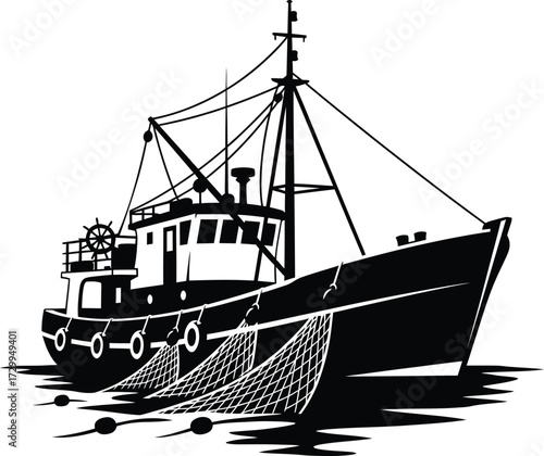 Commercial fishing boat silhouette vector with trawl nets dragging in the sea. black and white illustration of a working fishing trawler, marine industry, or seafood production.