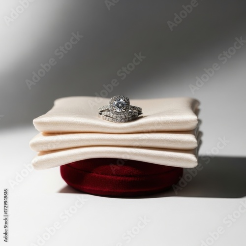 Diamond engagement ring stacked on small red and beige cushions, providing a simple, elevated product photography mockup.